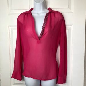 Sheer JLo Pink Long Sleeved Jeweled Neckline Tunic